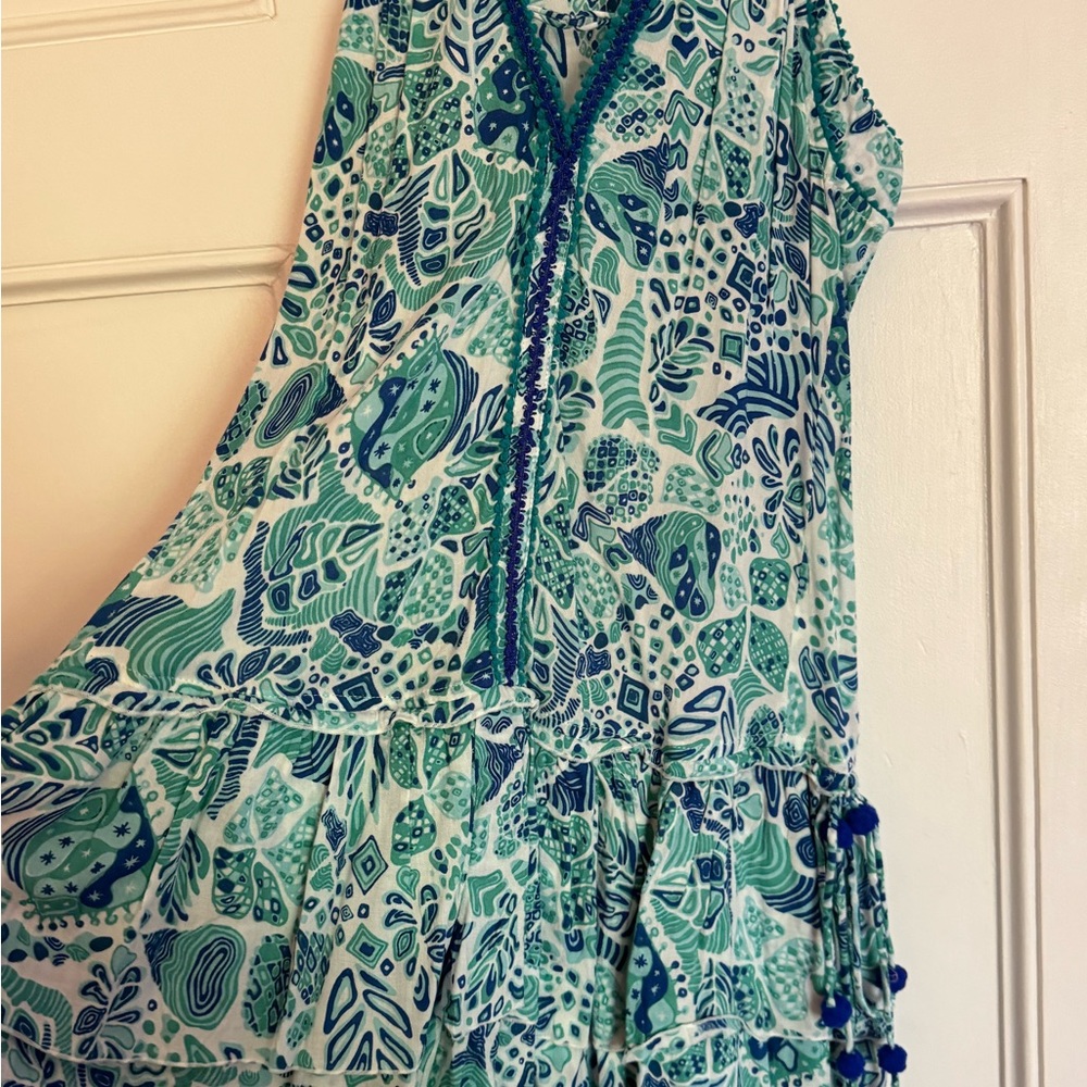 Poupette Blue and Green Patterned Sleeveless Dress